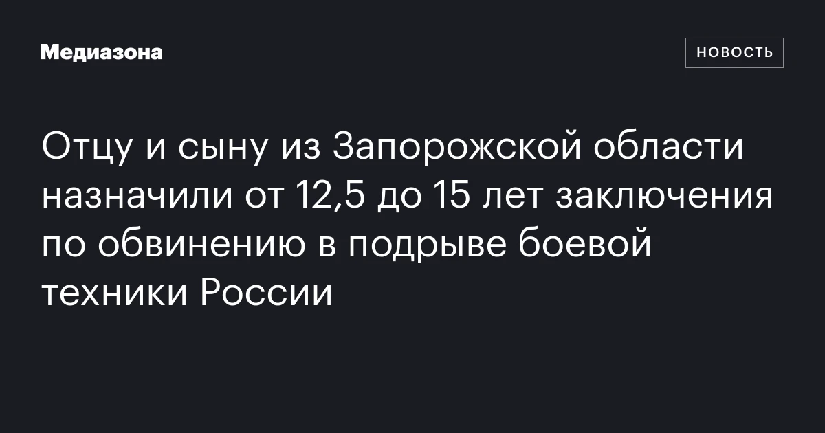 Отцу и сыну из Запорожской области назначили от 12,5 до 15 лет заключения по обвинению в подрыве боевой техники России