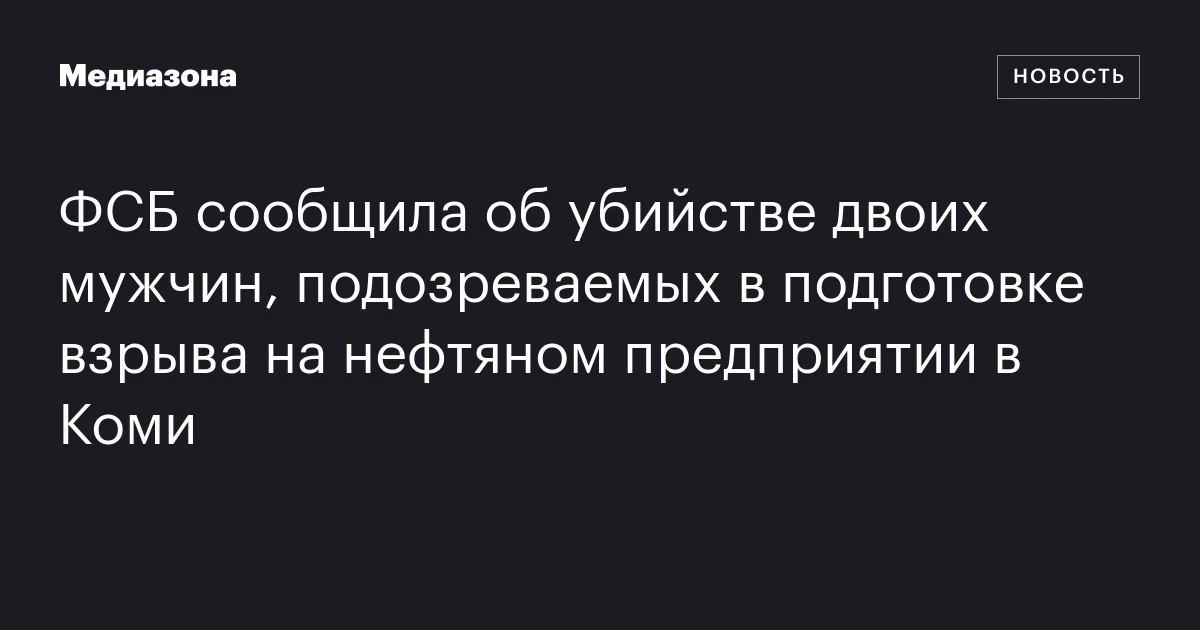 ФСБ сообщила об убийстве двоих мужчин, подозреваемых в подготовке взрыва на нефтяном предприятии в Коми
