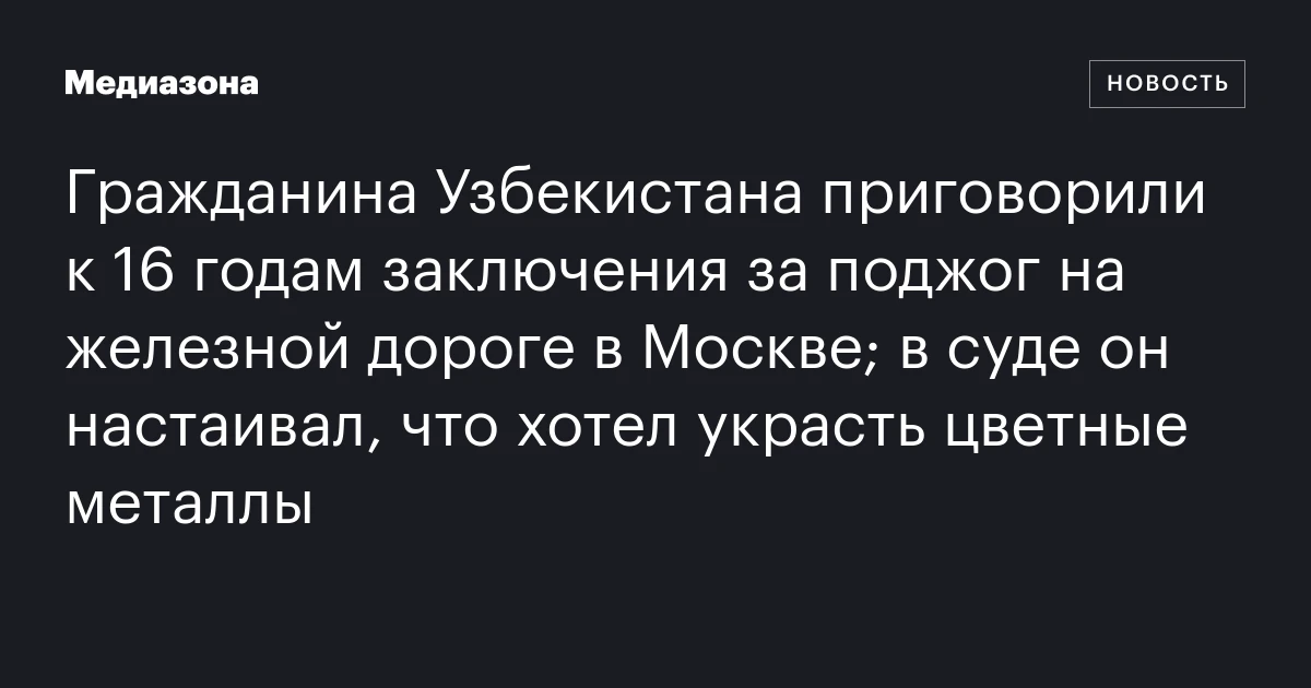 Гражданина Узбекистана приговорили к 16 годам заключения за поджог на железной дороге в Москве; в суде он настаивал, что хотел украсть цветные металлы