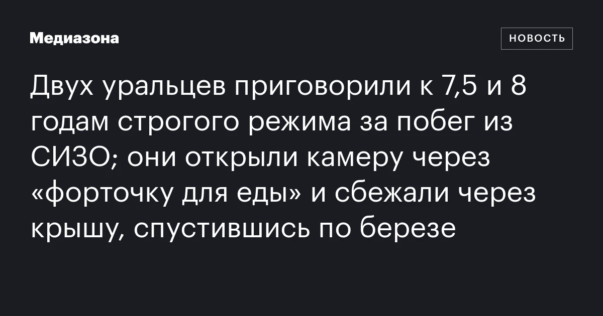 Двух уральцев приговорили к 7,5 и 8 годам строгого режима за побег из СИЗО; они открыли камеру через «форточку для еды» и сбежали через крышу, спустившись по березе
