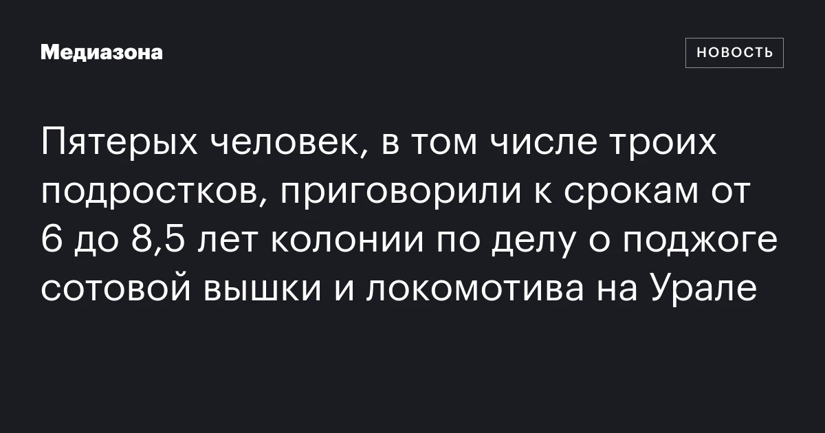 Пятерых человек, в том числе троих подростков, приговорили к срокам от 6 до 8,5 лет колонии по делу о поджоге сотовой вышки и локомотива на Урале
