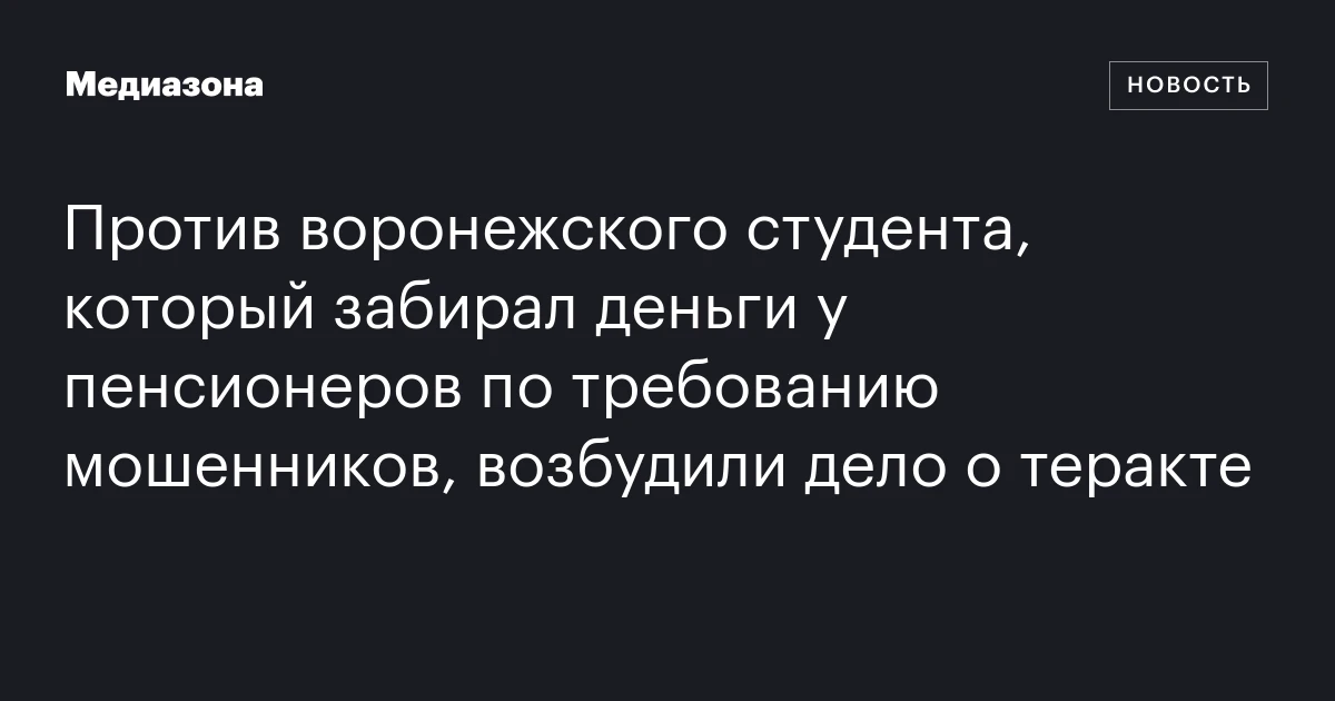 Против воронежского студента, который забирал деньги у пенсионеров по требованию мошенников, возбудили дело о теракте