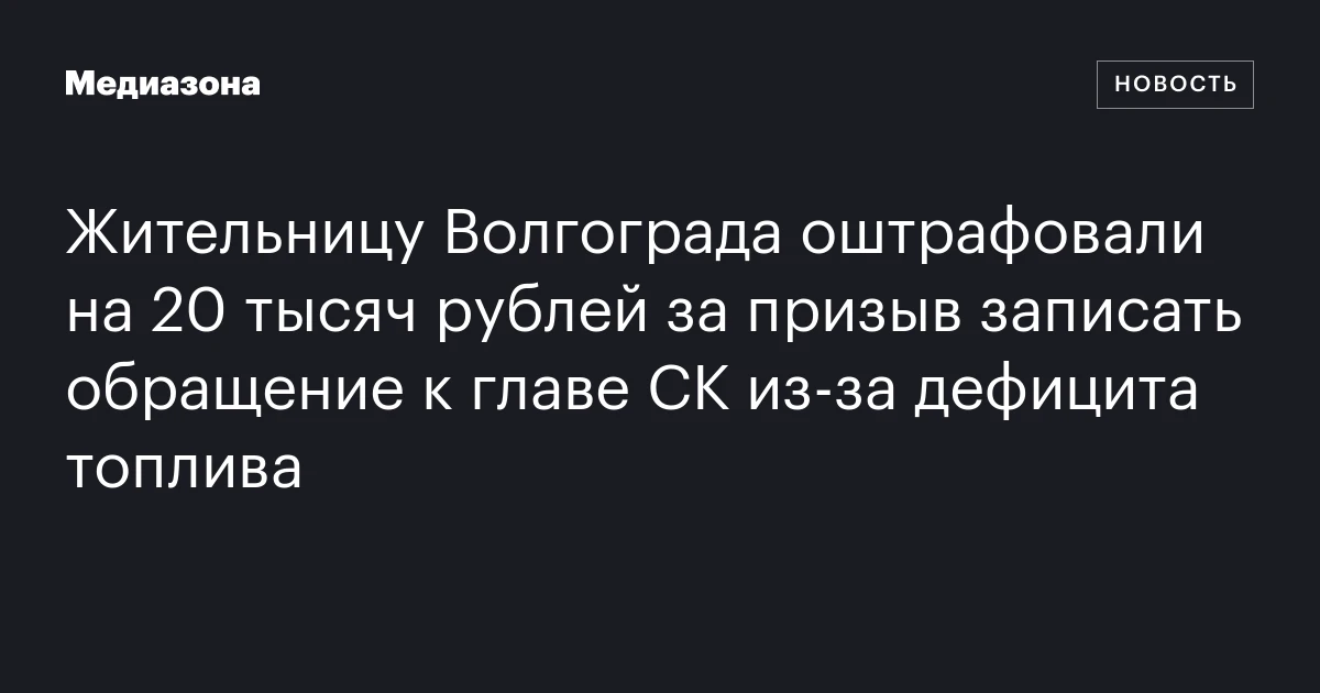 Жительницу Волгограда оштрафовали на 20 тысяч рублей за призыв записать обращение к главе СК из‑за дефицита топлива