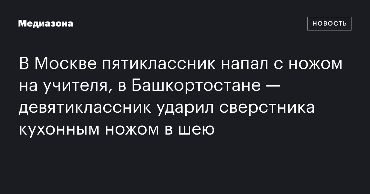 В Москве пятиклассник напал с ножом на учителя, в Башкортостане — девятиклассник ударил сверстника кухонным ножом в шею
