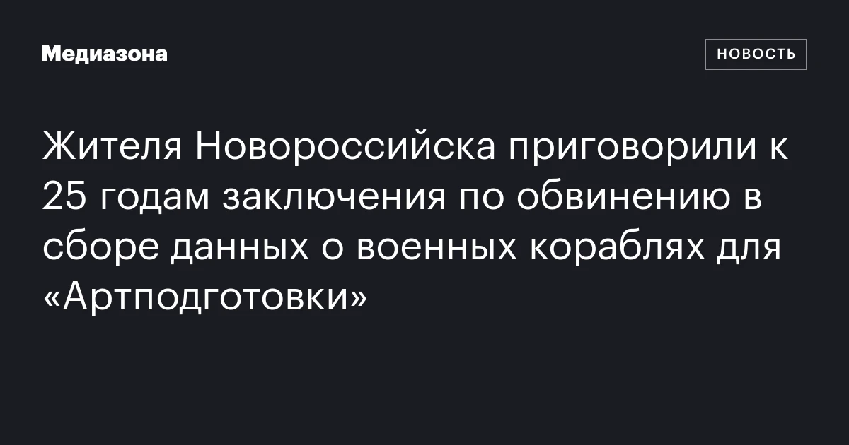 Жителя Новороссийска приговорили к 25 годам заключения по обвинению в сборе данных о военных кораблях для «Артподготовки»