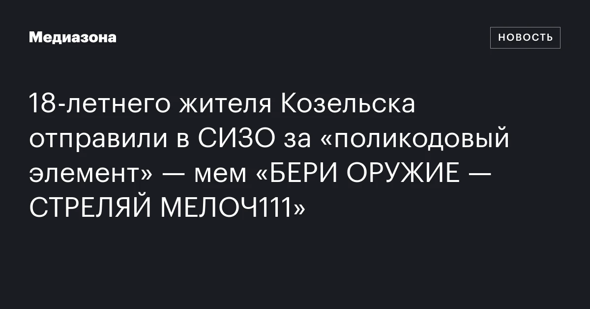 18‑летнего жителя Козельска отправили в СИЗО за «поликодовый элемент» — мем «БЕРИ ОРУЖИЕ — СТРЕЛЯЙ МЕЛОЧ111»