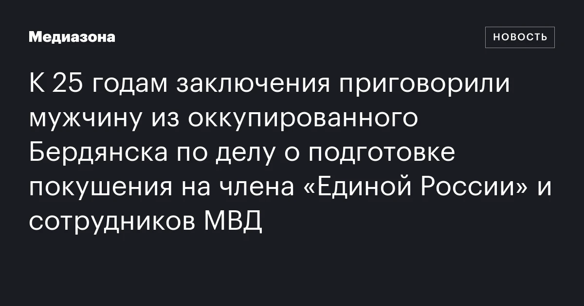 К 25 годам заключения приговорили мужчину из оккупированного Бердянска по делу о подготовке покушения на члена «Единой России» и сотрудников МВД