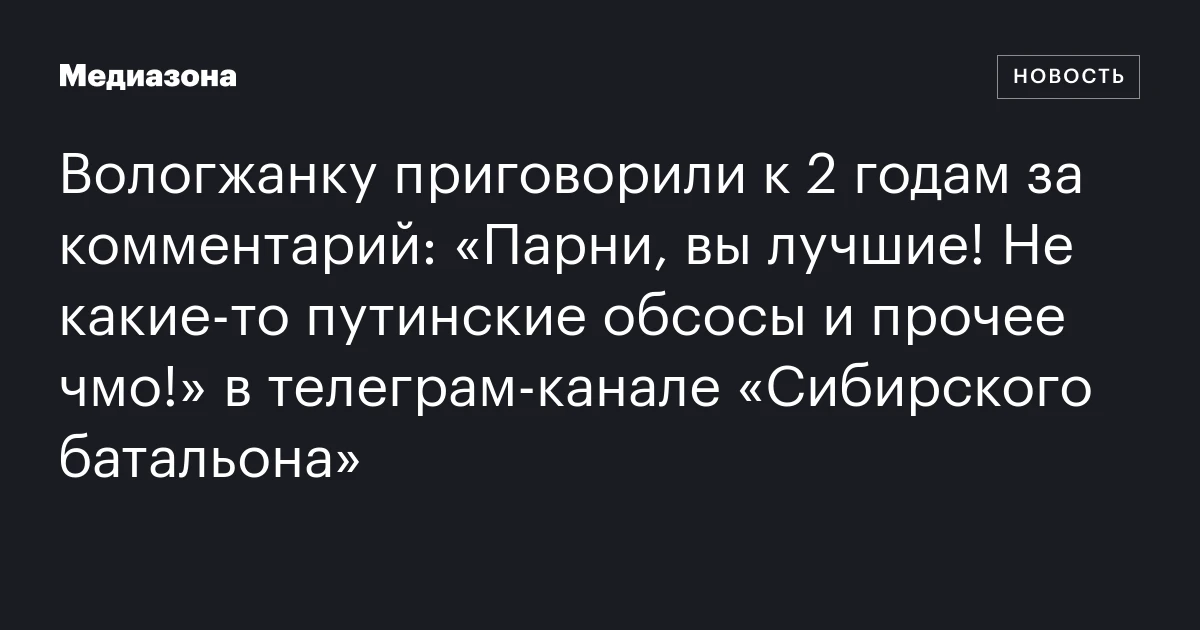 Вологжанку приговорили к 2 годам за комментарий: «Парни, вы лучшие! Не какие‑то путинские обсосы и прочее чмо!» в телеграм‑канале «Сибирского батальона»