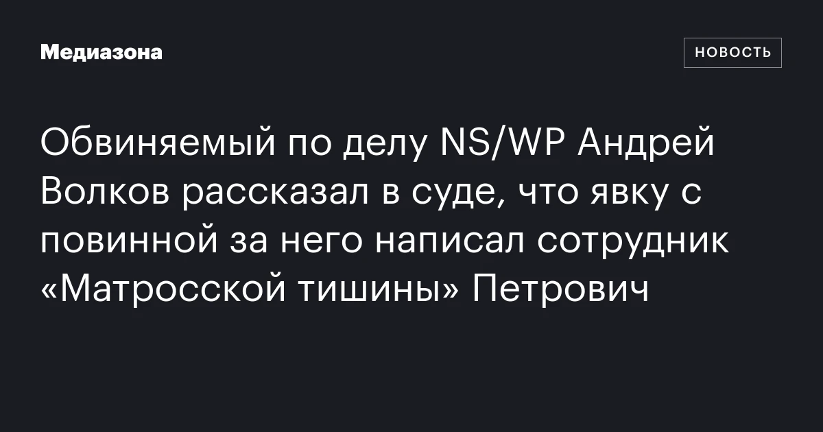 Обвиняемый по делу NS/WP Андрей Волков рассказал в суде, что явку с повинной за него написал сотрудник «Матросской тишины» Петрович