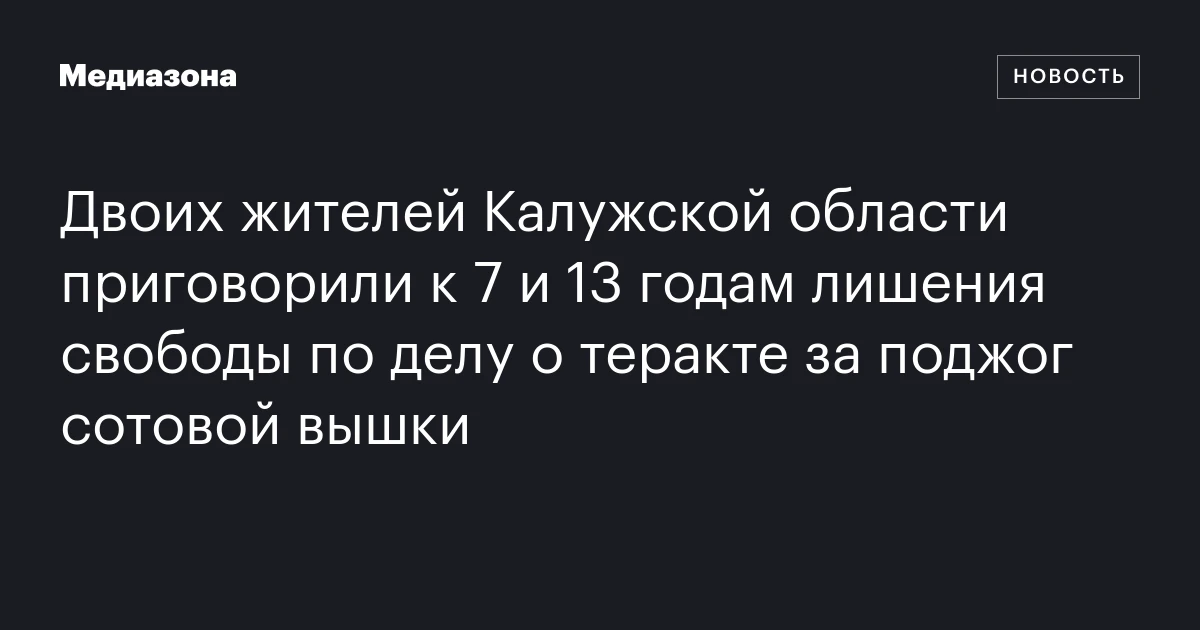 Двоих жителей Калужской области приговорили к 7 и 13 годам лишения свободы по делу о теракте за поджог сотовой вышки
