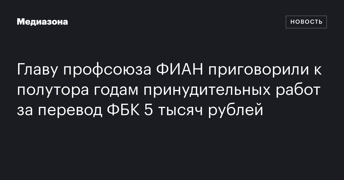 Главу профсоюза ФИАН приговорили к полутора годам принудительных работ за перевод ФБК 5 тысяч рублей