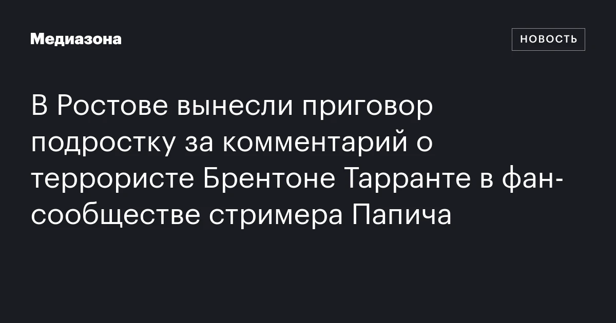 В Ростове вынесли приговор подростку за комментарий о террористе Брентоне Тарранте в фан‑сообществе стримера Папича