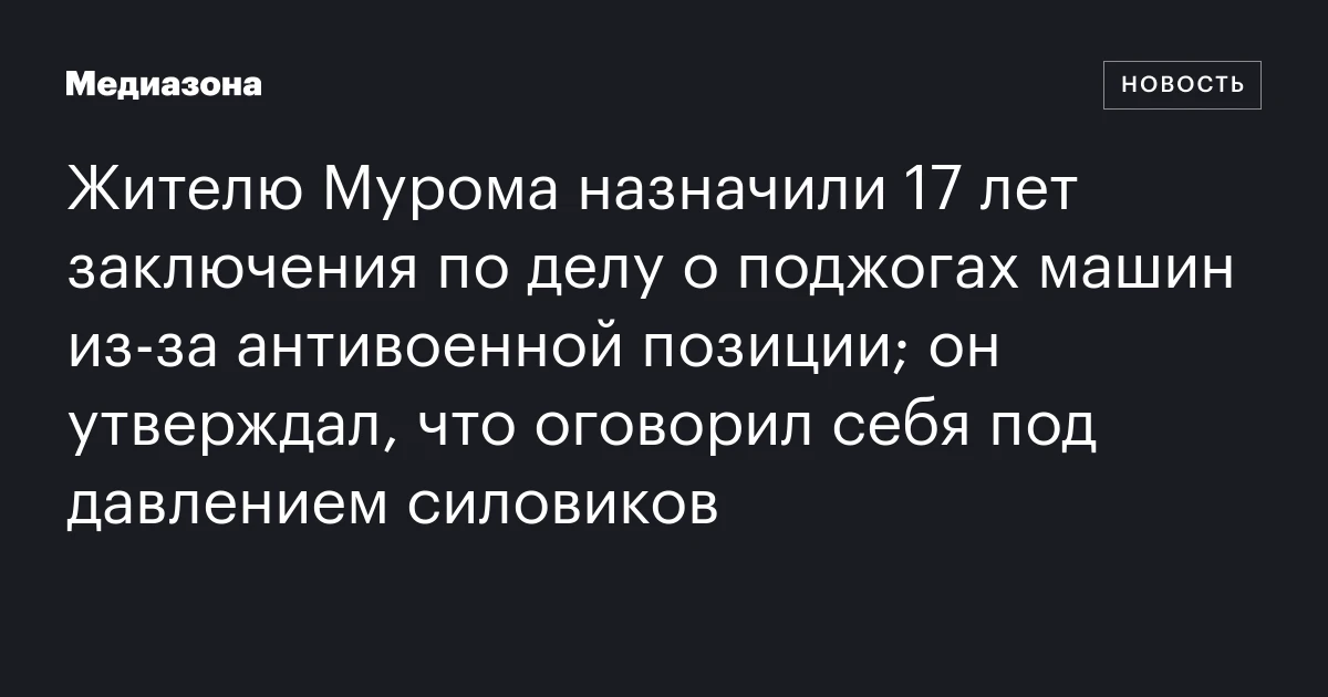 Жителю Мурома назначили 17 лет заключения по делу о поджогах машин из-за антивоенной позиции; он утверждал, что оговорил себя под давлением силовиков
