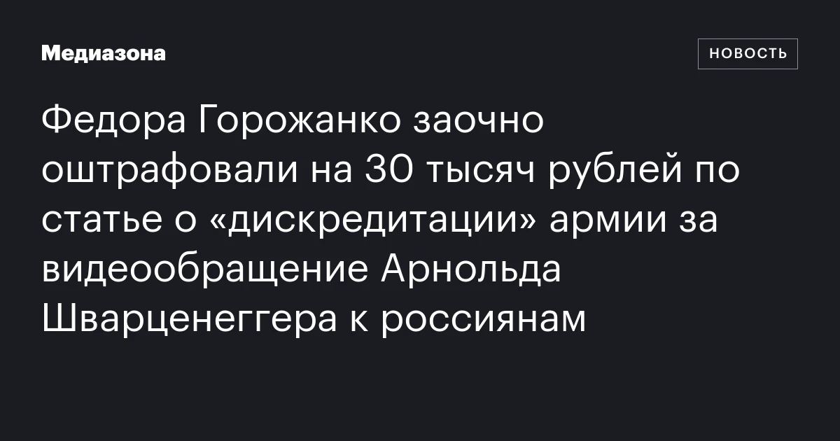 Федора Горожанко заочно оштрафовали на 30 тысяч рублей по статье о «дискредитации» армии за видеообращение Арнольда Шварценеггера к россиянам