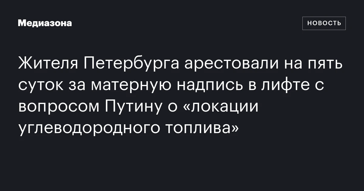 Жителя Петербурга арестовали на пять суток за матерную надпись в лифте с вопросом Путину о «локации углеводородного топлива»