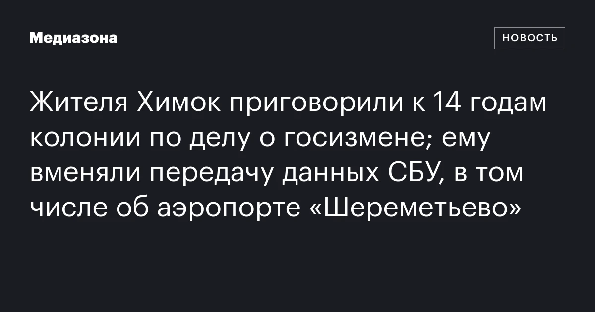 Жителя Химок приговорили к 14 годам колонии по делу о госизмене; ему вменяли передачу данных СБУ, в том числе об аэропорте «Шереметьево»