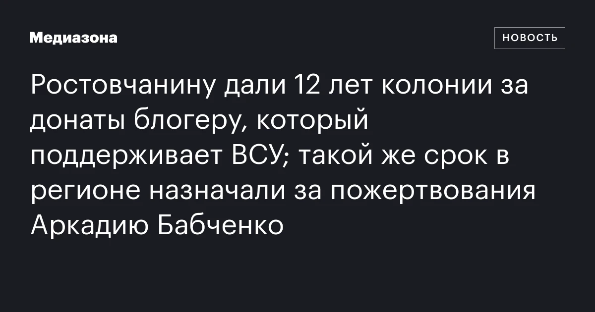 Ростовчанину дали 12 лет колонии за донаты блогеру, который поддерживает ВСУ; такой же срок в регионе назначали за пожертвования Аркадию Бабченко