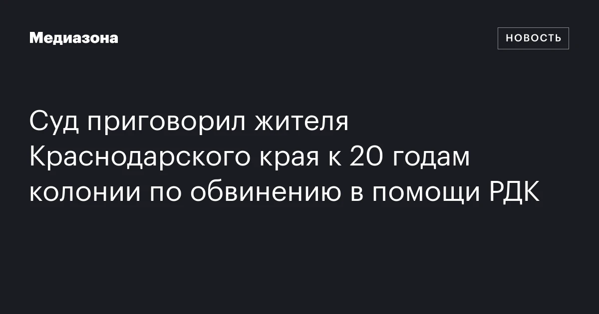 Суд приговорил жителя Краснодарского края к 20 годам колонии по обвинению в помощи РДК