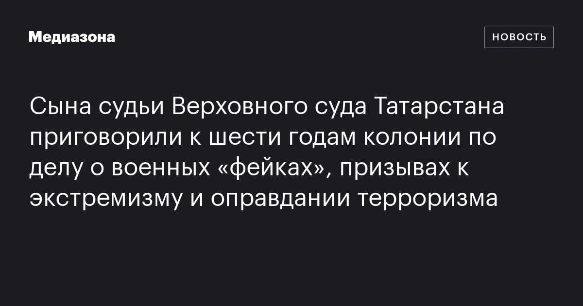 Сына судьи Верховного суда Татарстана приговорили к шести годам колонии по делу о военных «фейках», призывах к экстремизму и оправдании терроризма