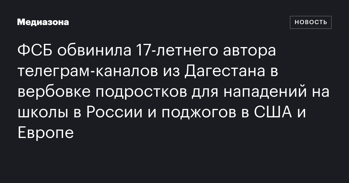 ФСБ обвинила 17‑летнего автора телеграм‑каналов из Дагестана в вербовке подростков для нападений на школы в России и поджогов в США и Европе