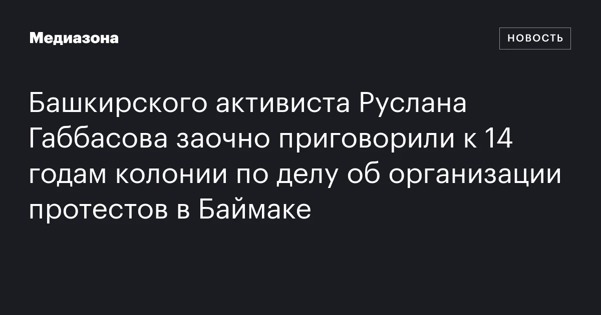 Башкирского активиста Руслана Габбасова заочно приговорили к 14 годам колонии по делу об организации протестов в Баймаке