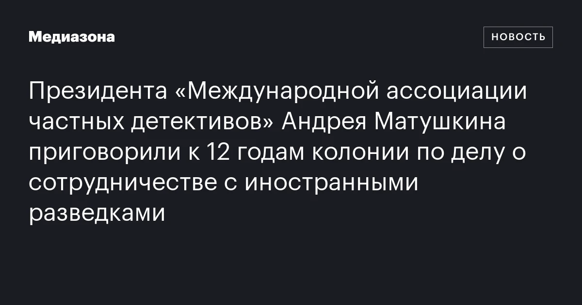 Президента «Международной ассоциации частных детективов» Андрея Матушкина приговорили к 12 годам колонии по делу о сотрудничестве с иностранными разведками