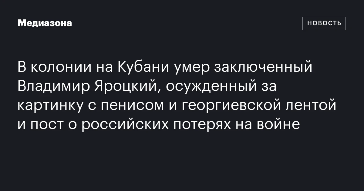 В колонии на Кубани умер заключенный Владимир Яроцкий, осужденный за картинку с пенисом и георгиевской лентой и пост о российских потерях на войне