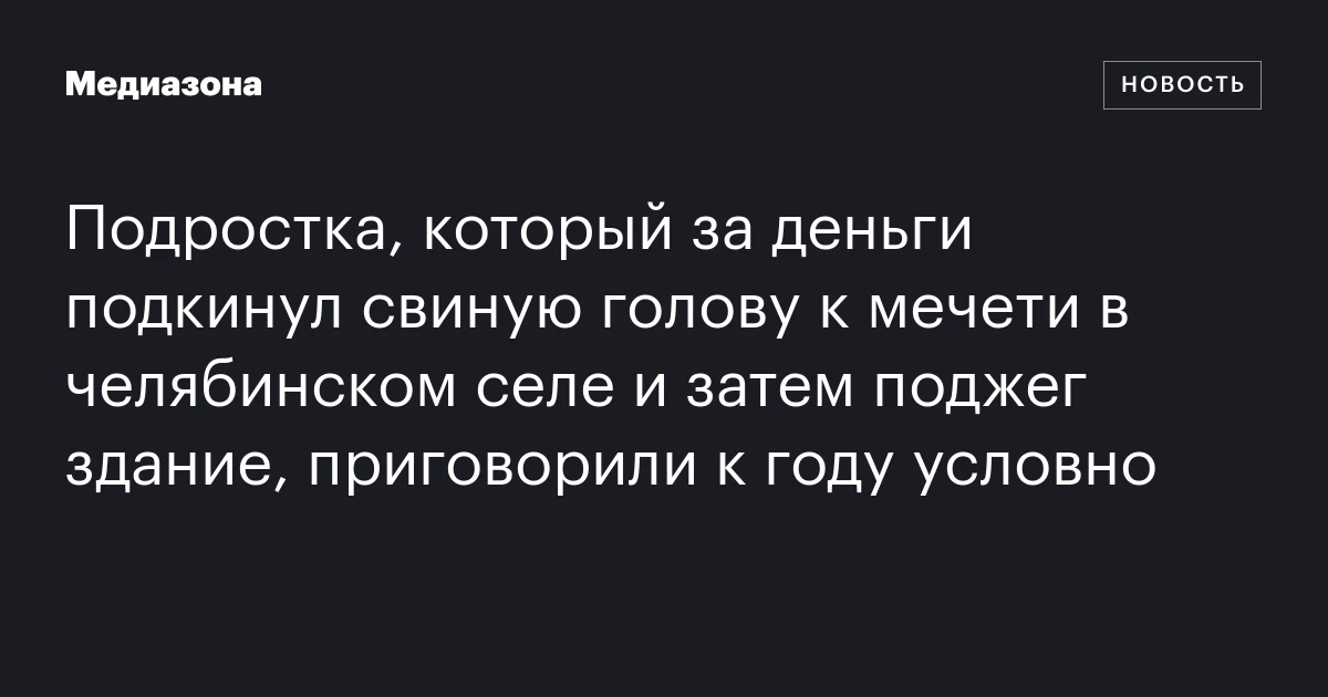 Подростка, который за деньги подкинул свиную голову к мечети в челябинском селе и затем поджег здание, приговорили к году условно
