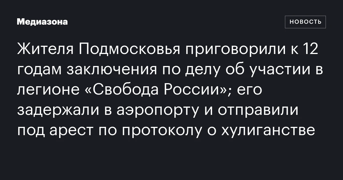 Жителя Подмосковья приговорили к 12 годам заключения по делу об участии в легионе «Свобода России»; его задержали в аэропорту и отправили под арест по протоколу о хулиганстве