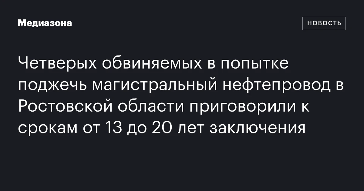 Четверых обвиняемых в попытке поджечь магистральный нефтепровод в Ростовской области приговорили к срокам от 13 до 20 лет заключения