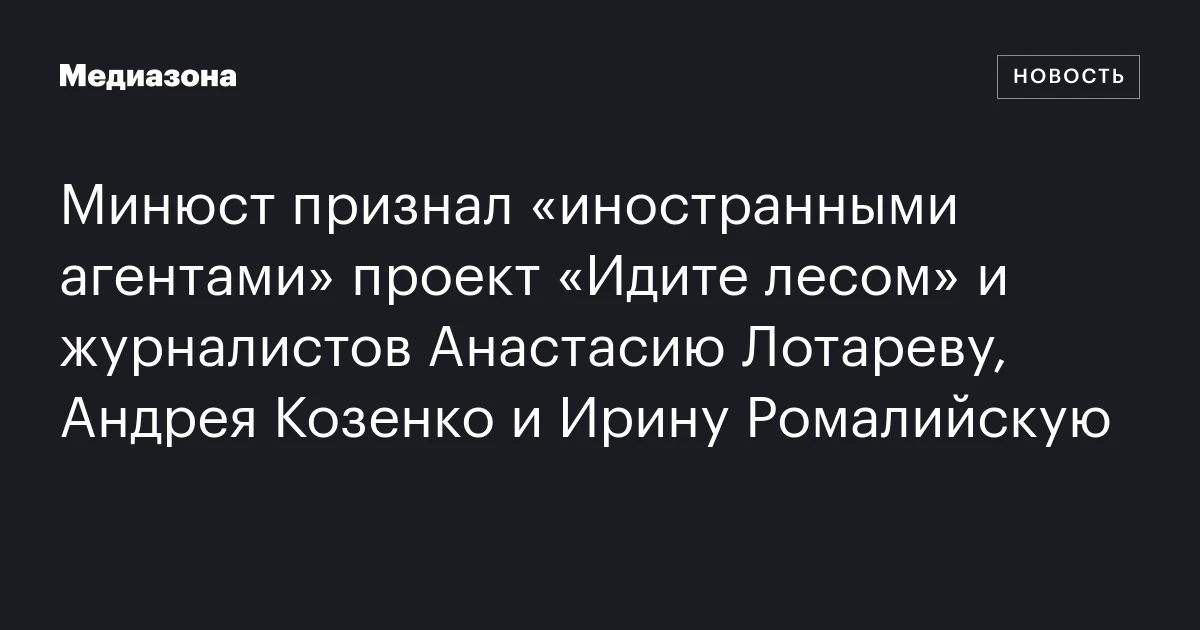 Минюст признал «иностранными агентами» проект «Идите лесом» и журналистов Анастасию Лотареву, Андрея Козенко и Ирину Ромалийскую