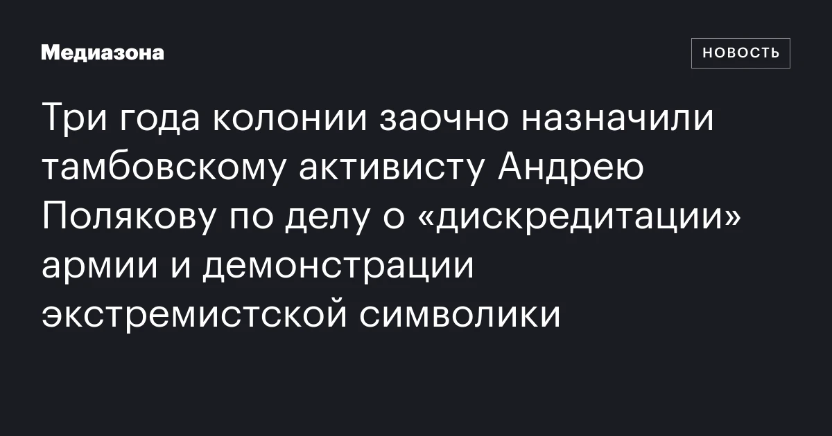 Три года колонии заочно назначили тамбовскому активисту Андрею Полякову по делу о «дискредитации» армии и демонстрации экстремистской символики