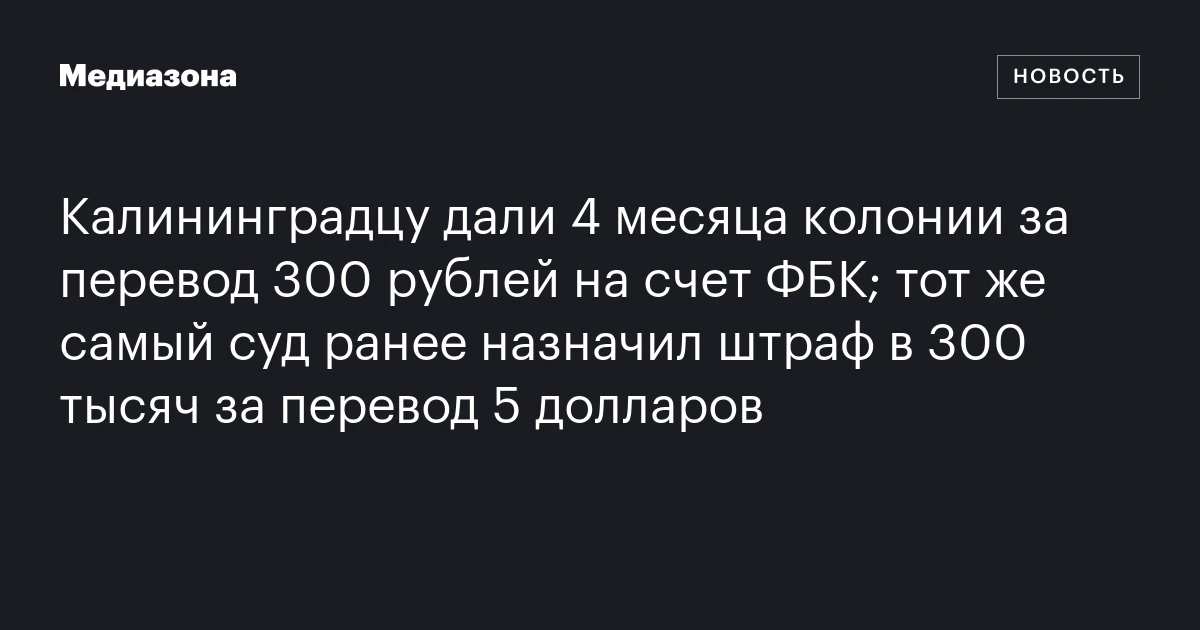 Калининградцу дали 4 месяца колонии за перевод 300 рублей на счет ФБК; тот же самый суд ранее назначил штраф в 300 тысяч за перевод 5 долларов