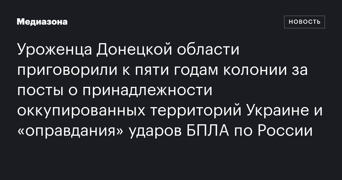 Уроженца Донецкой области приговорили к пяти годам колонии за посты о принадлежности оккупированных территорий Украине и «оправдания» ударов БПЛА по России