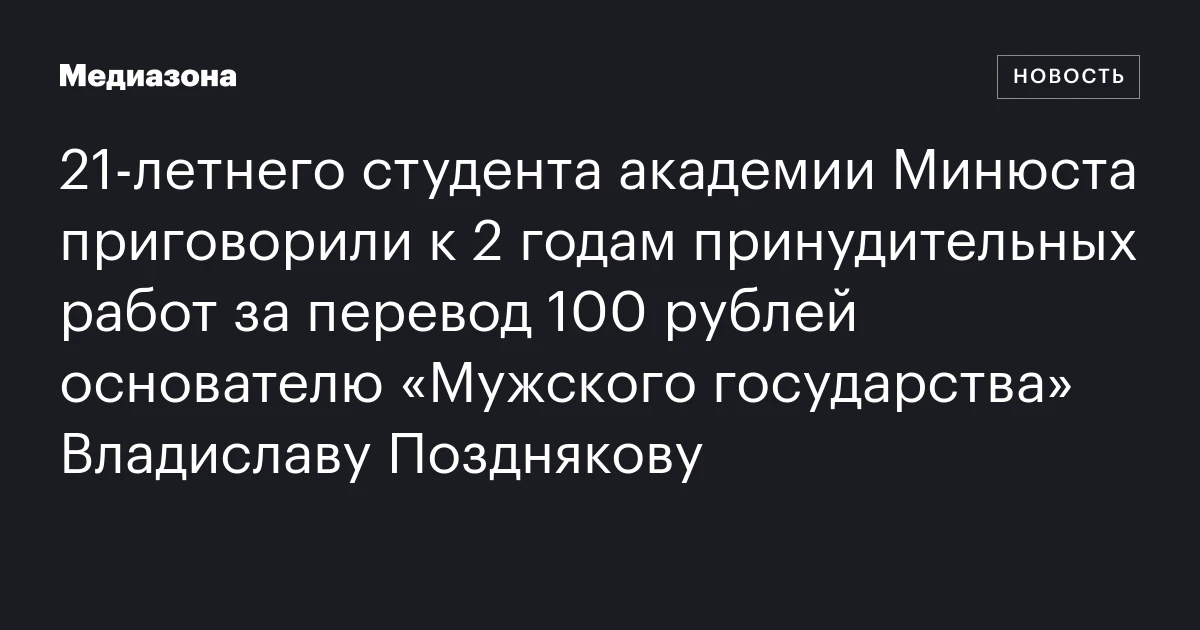 21‑летнего студента академии Минюста приговорили к 2 годам принудительных работ за перевод 100 рублей основателю «Мужского государства» Владиславу Позднякову