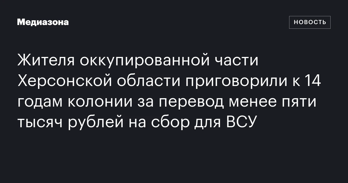 Жителя оккупированной части Херсонской области приговорили к 14 годам колонии за перевод менее пяти тысяч рублей на сбор для ВСУ