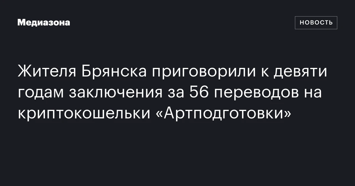 Жителя Брянска приговорили к девяти годам заключения за 56 переводов на криптокошельки «Артподготовки»