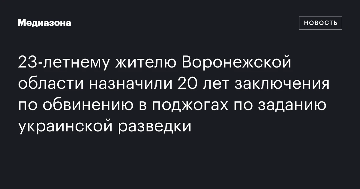 23‑летнему жителю Воронежской области назначили 20 лет заключения по обвинению в поджогах по заданию украинской разведки