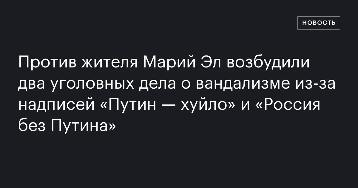 Против жителя Марий Эл возбудили два уголовных дела о вандализме из‑за надписей «Путин — хуйло» и «Россия без Путина»