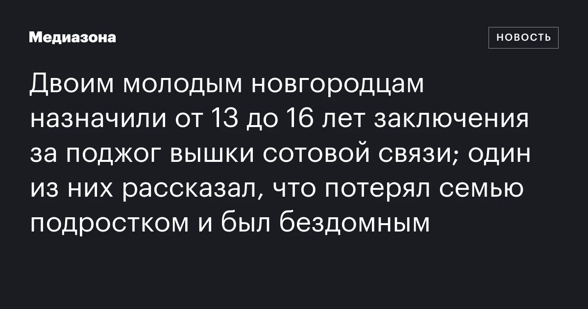 Двоим молодым новгородцам назначили от 13 до 16 лет заключения за поджог вышки сотовой связи; один из них рассказал, что потерял семью подростком и был бездомным