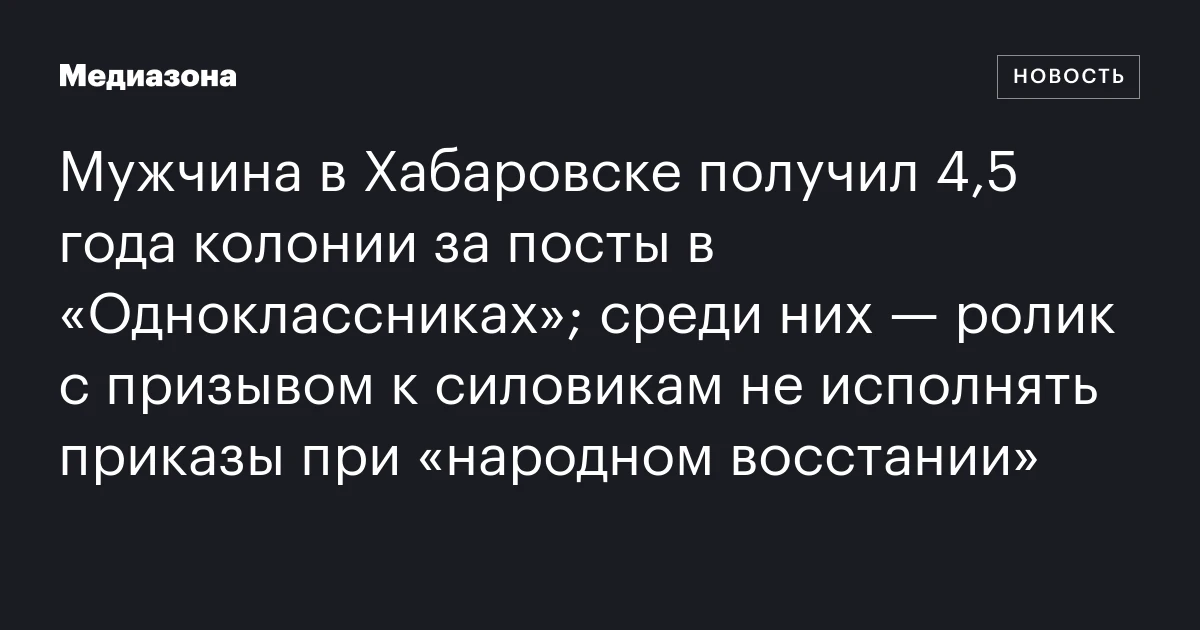 Мужчина в Хабаровске получил 4,5 года колонии за посты в «Одноклассниках»; среди них — ролик с призывом к силовикам не исполнять приказы при «народном восстании»