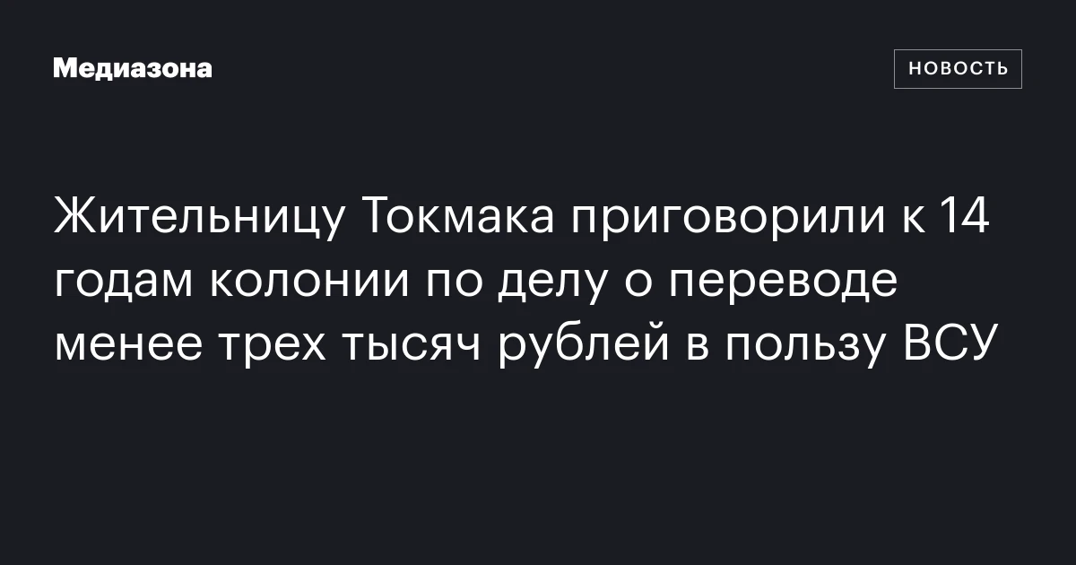 Жительницу Токмака приговорили к 14 годам колонии по делу о переводе менее трех тысяч рублей в пользу ВСУ