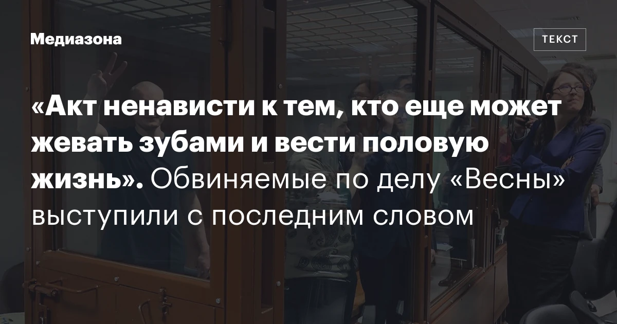 «Акт ненависти к тем, кто еще может жевать зубами и вести половую жизнь». Обвиняемые по делу «Весны» выступили с последним словом