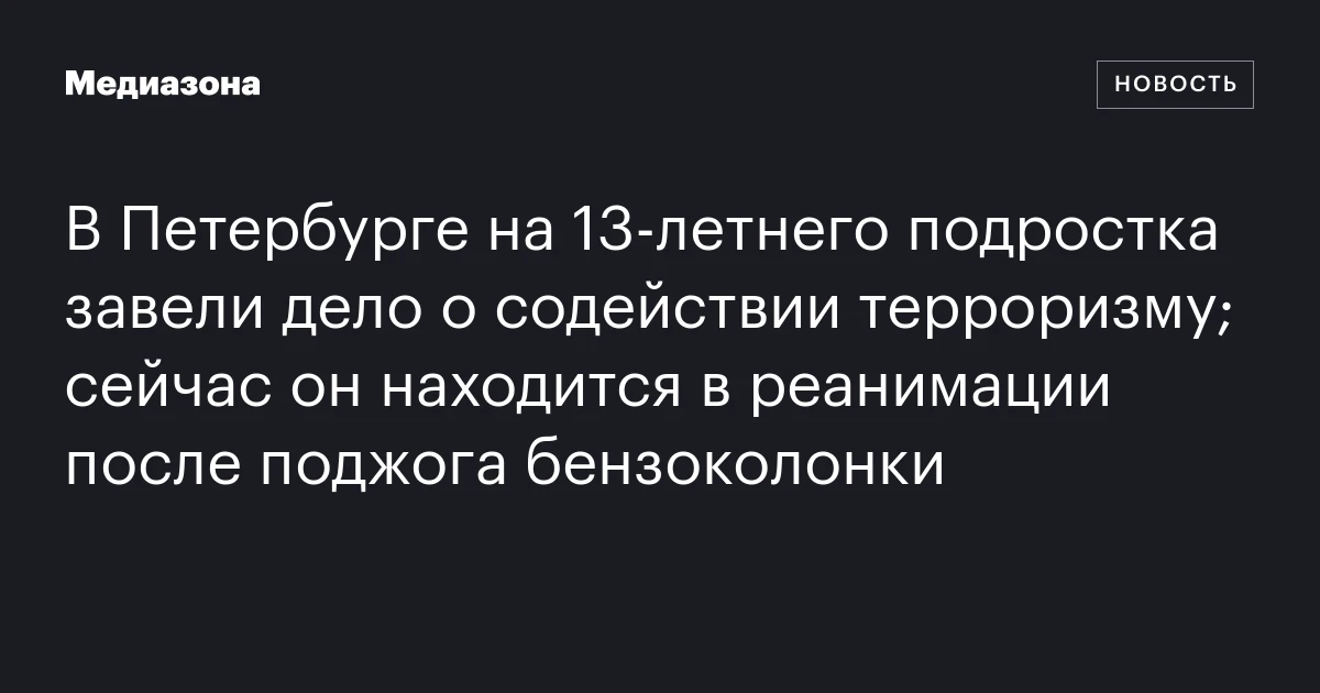 В Петербурге на 13‑летнего подростка завели дело о содействии терроризму; сейчас он находится в реанимации после поджога бензоколонки