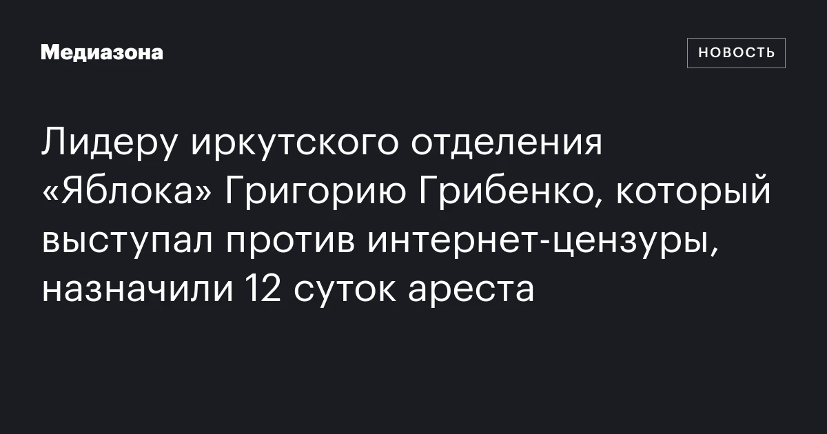 Лидеру иркутского отделения «Яблока» Григорию Грибенко, который выступал против интернет‑цензуры, назначили 12 суток ареста