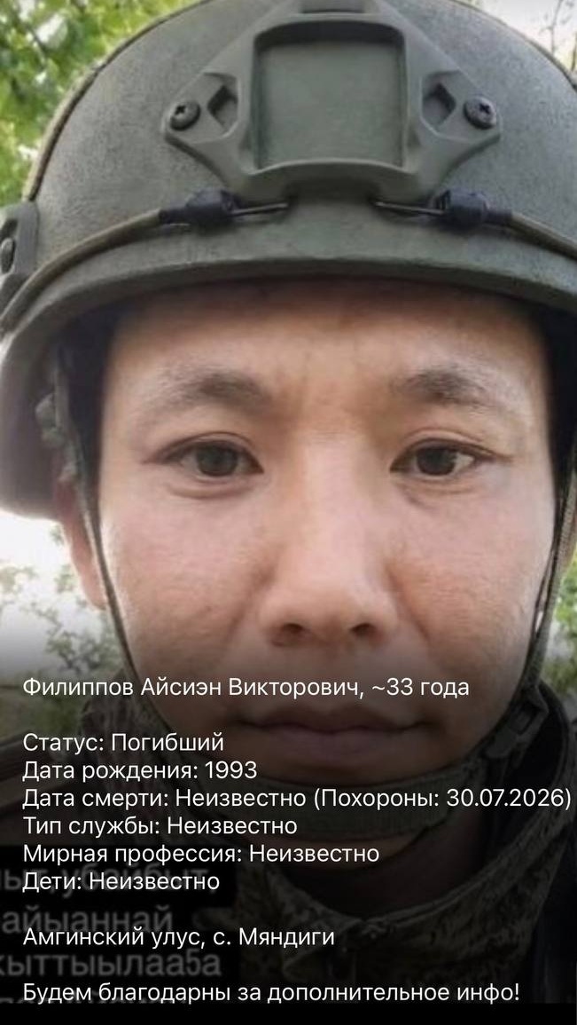 Фото: Погибший на войне с Украиной Филиппов Айсиэн Викторович. Республика Саха (Якутия), нет данных
